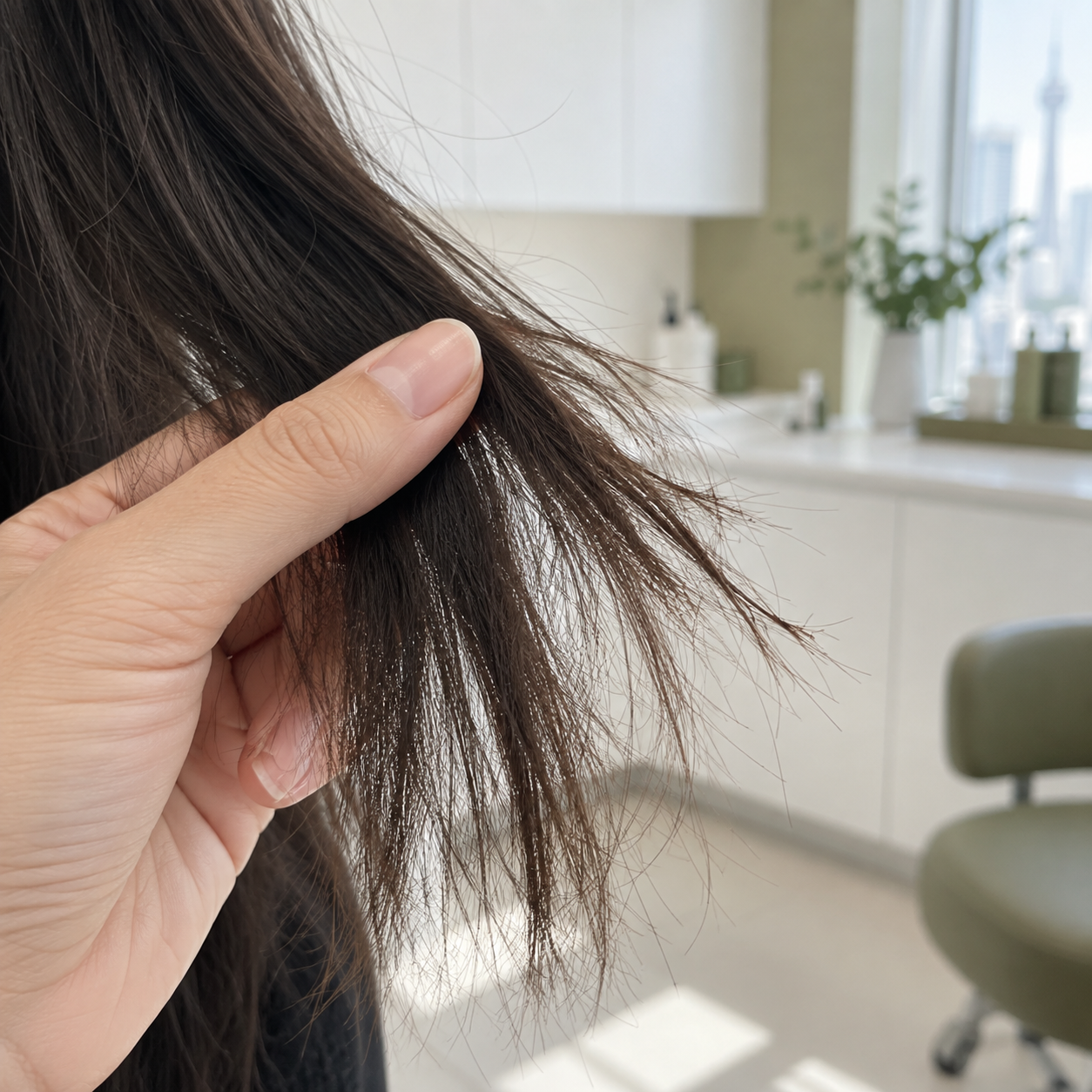 Hair ends showing fraying and uneven breakage