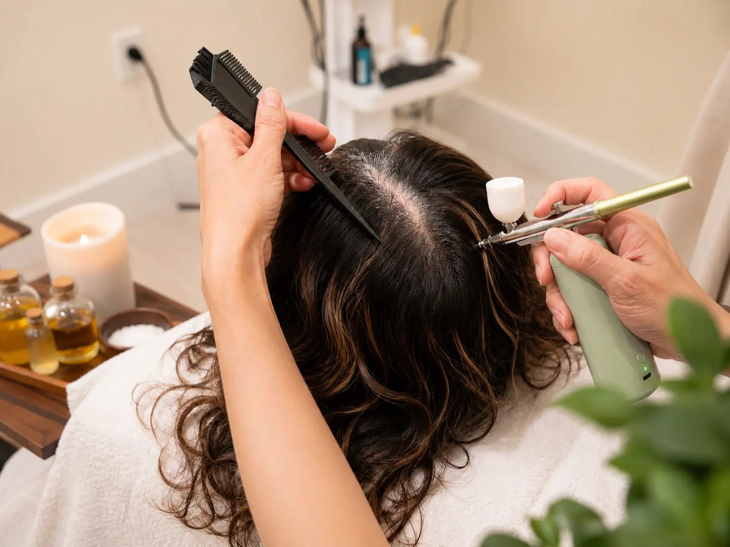 A practitioner applying scalp care with a spray applicator