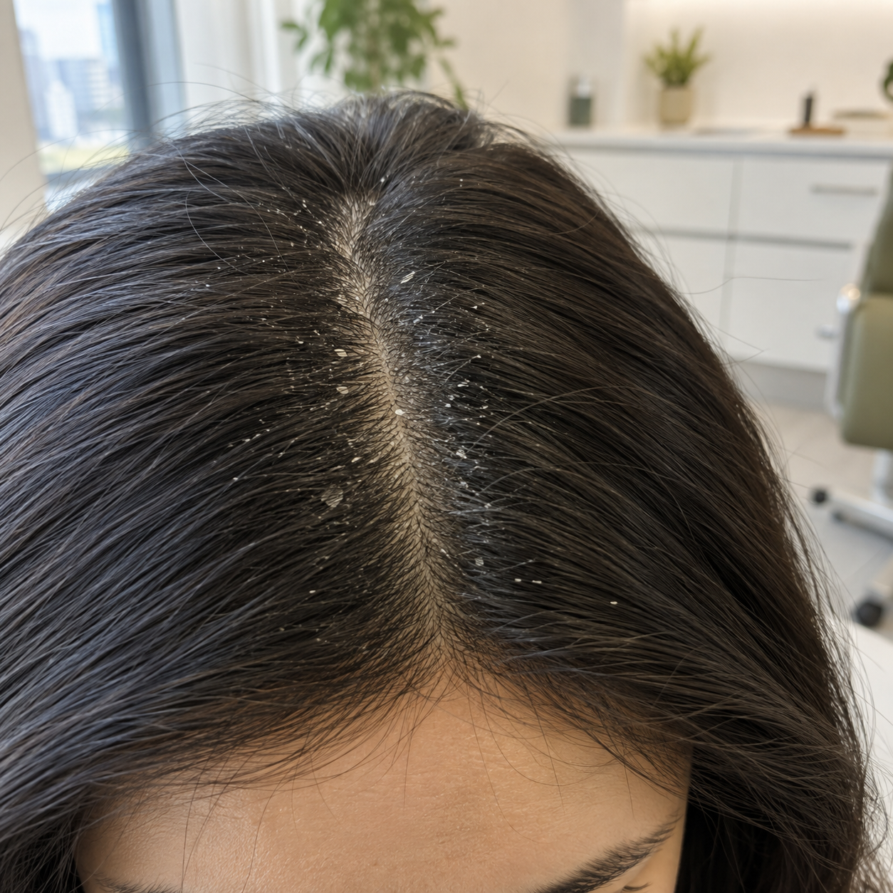 Visible flakes along a hair part