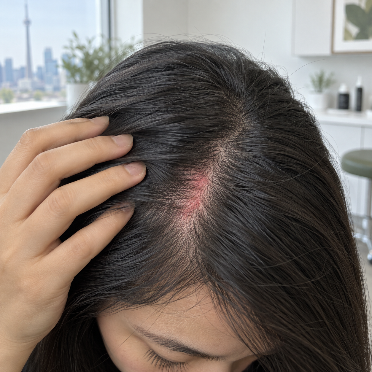 A small area of redness visible along the scalp